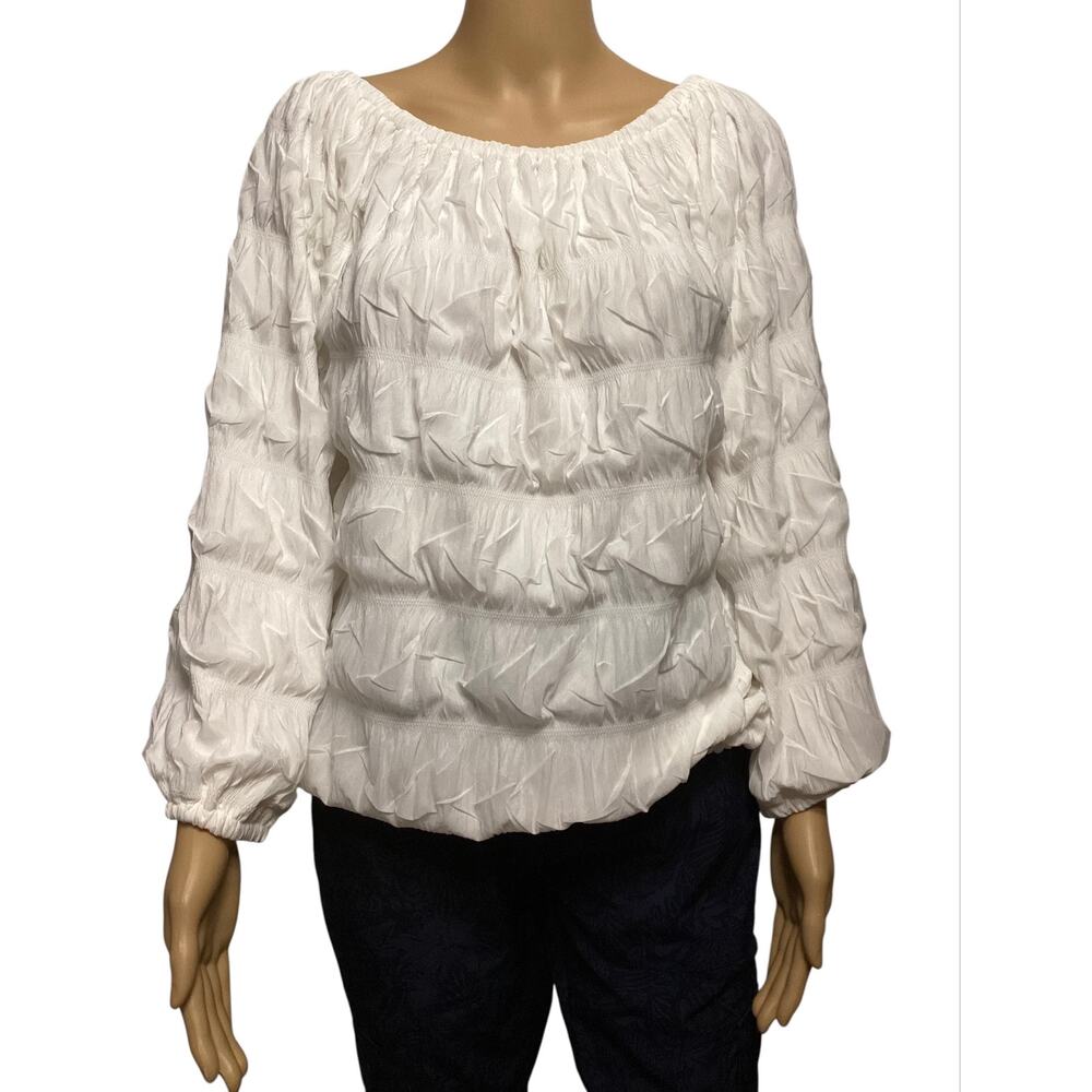 Kara Chic By NF White Crinkle Smocked Blouse Tiered Off Shoulder Top One Size